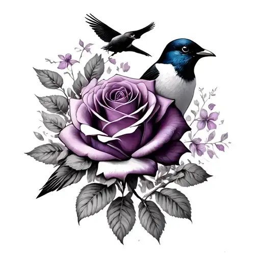 rose, with creation of man painting and purple martins on top flying tattoo design idea