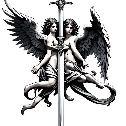 3 Angels and sword intertwined tattoo design idea