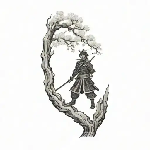 samurai warrior and sakura tree and japanese temple tattoo design idea