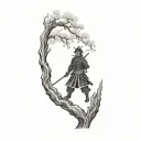 samurai warrior and sakura tree and japanese temple tattoo design idea