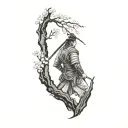 samurai warrior and sakura tree and japanese temple tattoo design idea