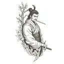samurai warrior and sakura tree and japanese temple tattoo design idea