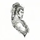 samurai warrior and sakura tree and japanese temple tattoo design idea