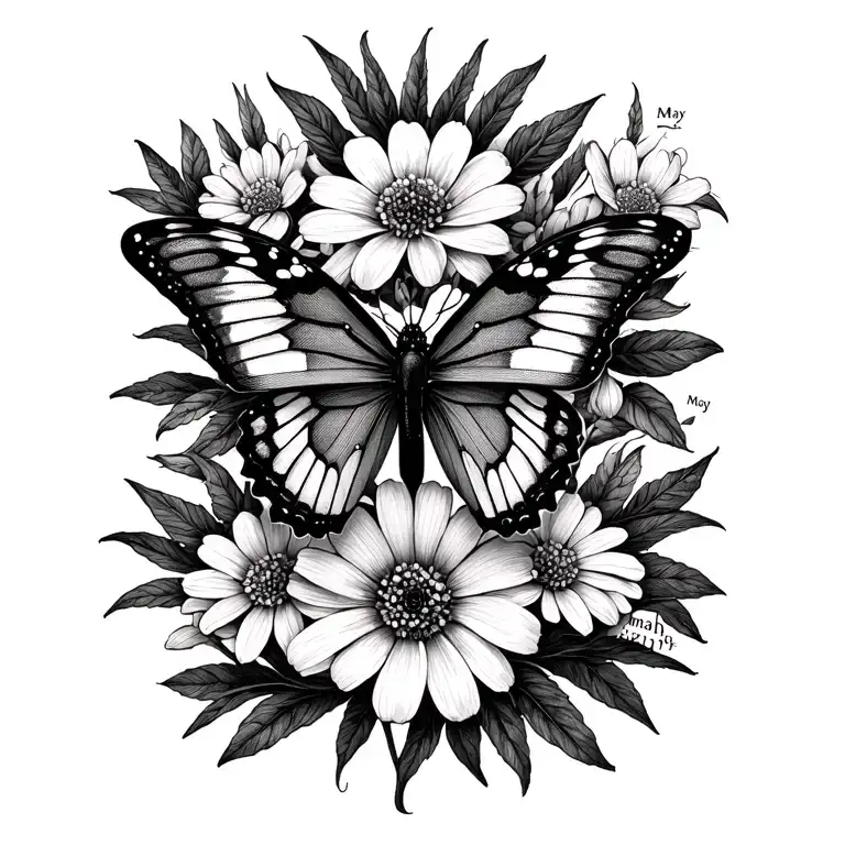cross with May and June birth flower and small butterfly with Isiah 41:10 tattoo design idea