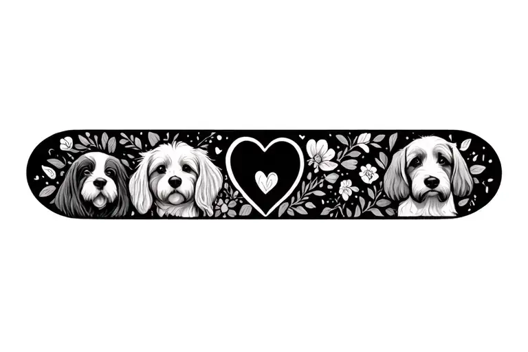 fine line memorial for 3 dogs, infinity loop, hearts, flowers tattoo design idea