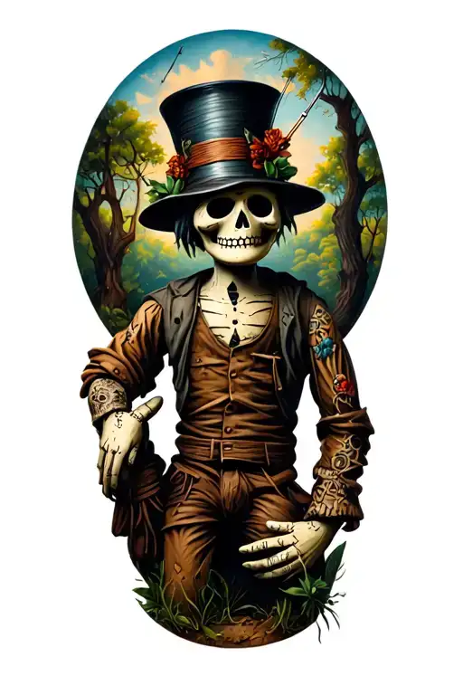  quite voodoo doll with cylinder hat and needles on his own hand and nature and tree tattoo design idea