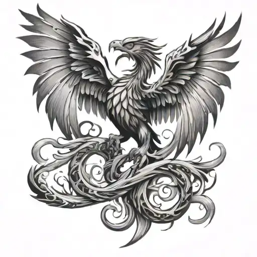 phoenix with outstretched wings on the left and a dragon on the right tattoo design idea