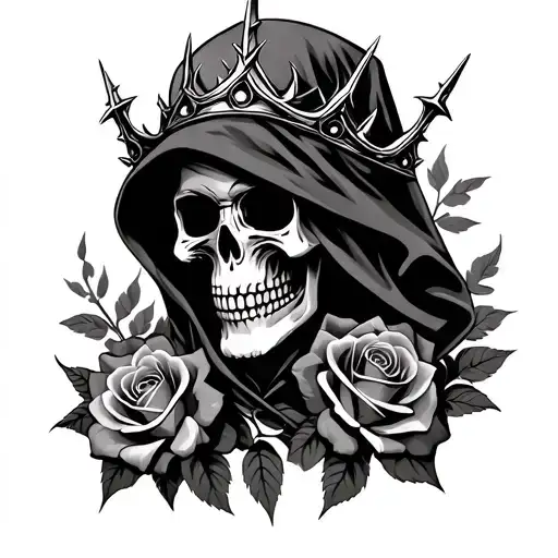hooded skull with thorn, crown, and roses surrounding tattoo design idea
