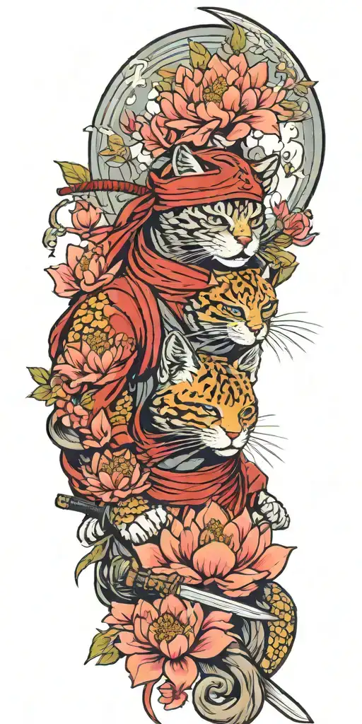 ninja cat holding katana, helmet, water, lotus, sakura, peony, clouds, whirlpool, leaves tattoo design idea