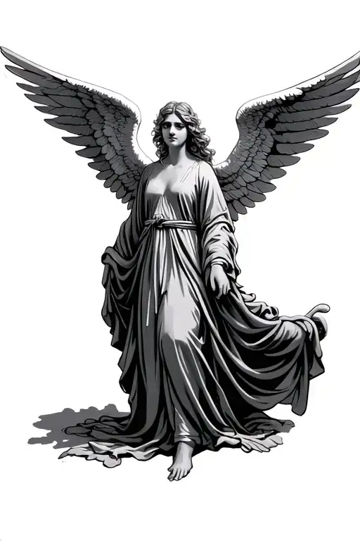 angel in cloth robe with wings tattoo design idea