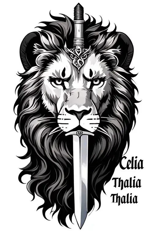 "Célia Thalia " half Lion face with Sword going tattoo design idea