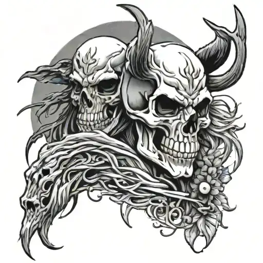 a skull with two halvs  1 human 1 stag  and a wolf pelt hood . and the full moon in the backround tattoo design idea