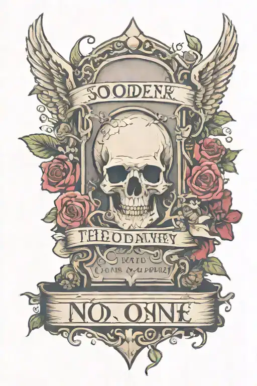 headstone says "sooner than you think" words around the headstone that say "no one gets out alive, love accordingly" tattoo design idea