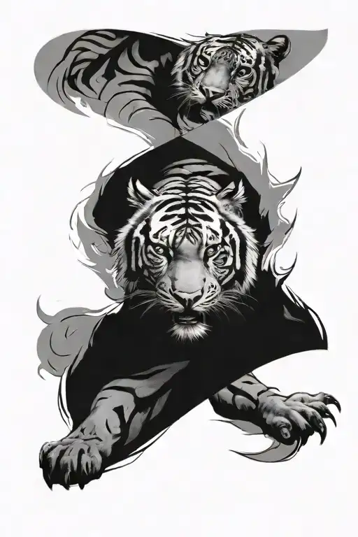 2 faces one sad one laughing tiger surrounded tattoo design idea