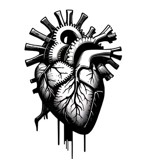 Mechanical gears fused with human anatomy heart tattoo design idea