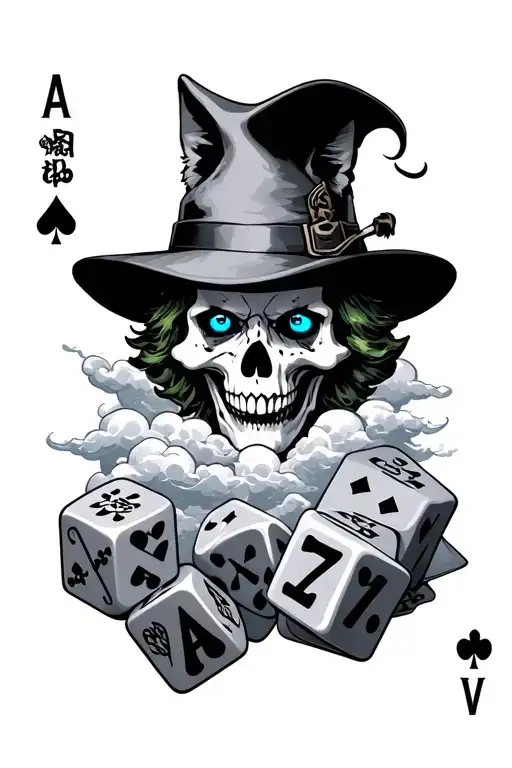skulls clouds surrounding lone wolf blue eyes joker card hand of aces lucky 7 dice louis in japanese tattoo design idea