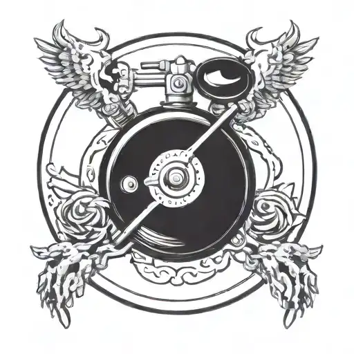 cartoon 45lb plate with a volume dial in the center with hands turning the knob to the max tattoo design idea