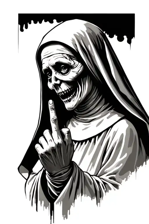 Scary Nun showing middle finger tattoo design idea