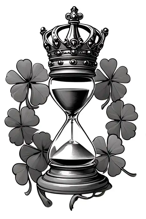 hour glass chess king crown and 4 leaf clover surrounding on the bottom put a balance  scale  tattoo design idea