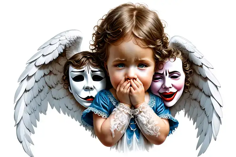 The angel child covers its mouth with its fingers, and on the left and right are two theatrical masks of sadness and joy tattoo design idea