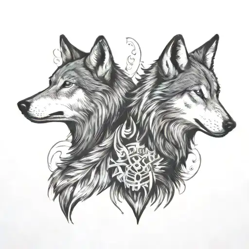 two wolves looking at each other. standing opposite and looking at each other. one of them white colour tattoo design idea