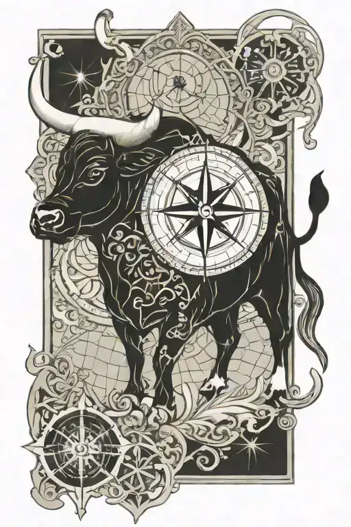 Spanish bull, Spanish tiles, sea, compass tattoo design idea