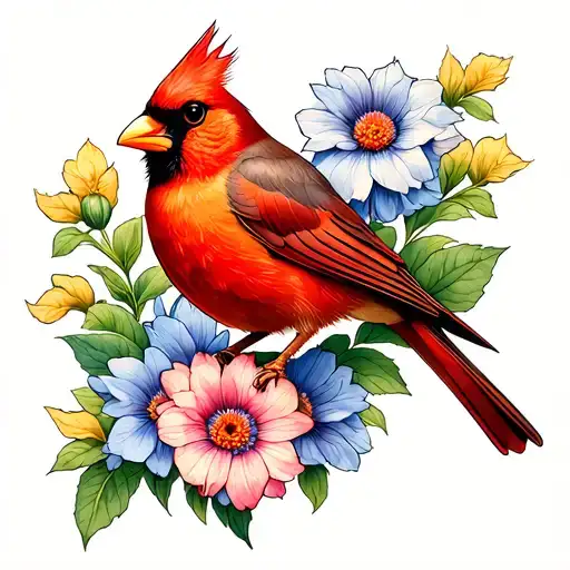 cardinal holding aster and morning glory tattoo design idea