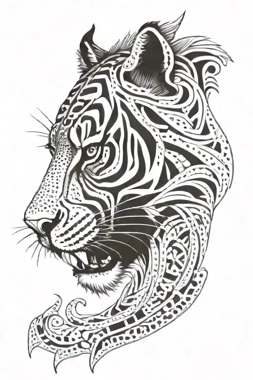 sabertooth tiger face with tribal tattoo design idea