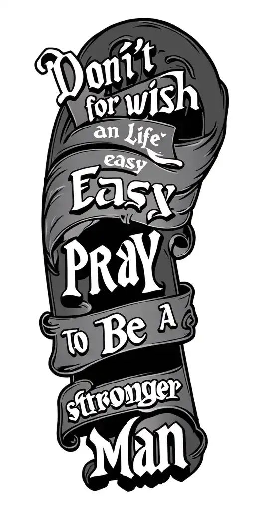 Old English Font, with text that reads: "Don't wish for an easy life, pray to be a stronger man". Full Sleeve sty tattoo design idea