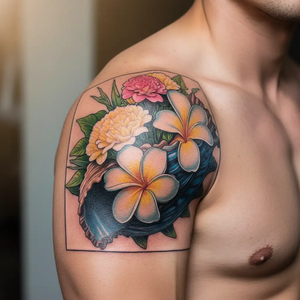 conch shell with plumeria and carnations growing inside tattoo design idea