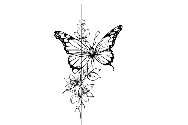 flowers, butterfly, Isabelle in cursive integrated in vertical tattoo design idea