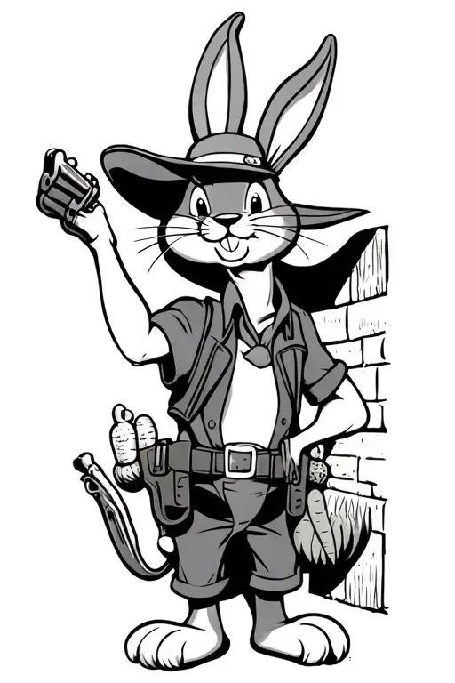bugs bunny with a cowboy hat leaning on a wall with carrots in his pistol holsters tattoo design idea