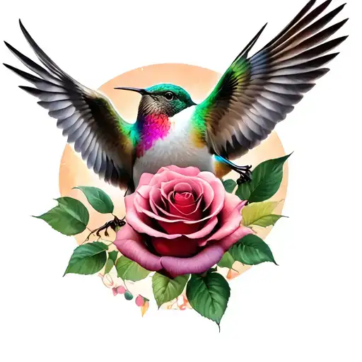 1 dove with a rose in it's mouth and 1 hummingbird hovering facing each other  tattoo design idea