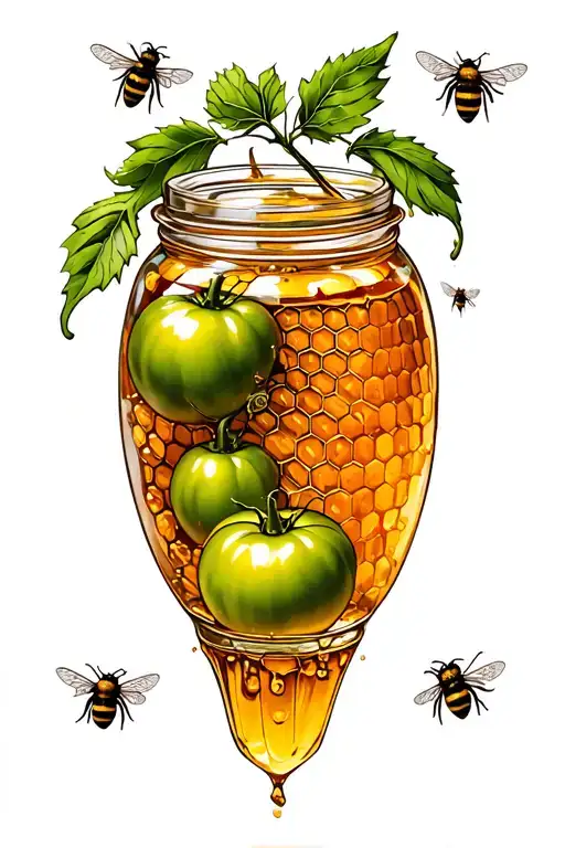 Jar of honey with honey comb inside and a green tomatoes with bees flying around tattoo design idea