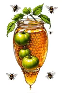 Jar of honey with honey comb inside and a green tomatoes with bees flying around tattoo design idea