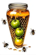 Jar of honey with honey comb inside and a green tomatoes with bees flying around tattoo design idea