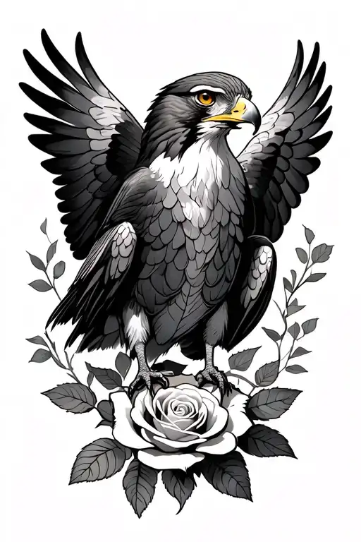 red tail hawk holding a Tiffany rose intertwined tattoo design idea