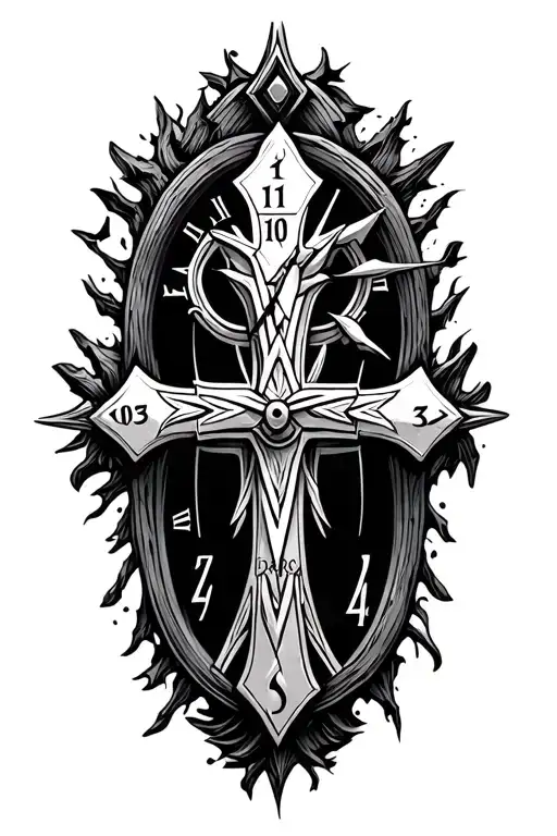 Nordic cross with a clock behind it with the hands on 10 & 3 with a Viking theme as the background  tattoo design idea
