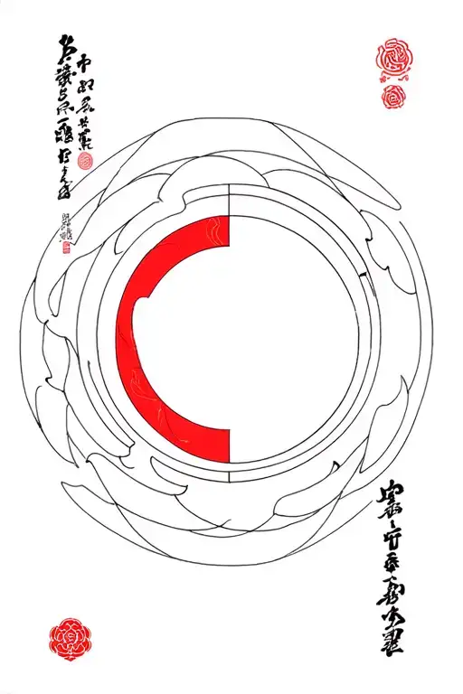 Design of the entire sleeve (right hand)-BW with red elements: --- upper part of the sleeve (arm, upper arm): large round dharma tattoo design idea