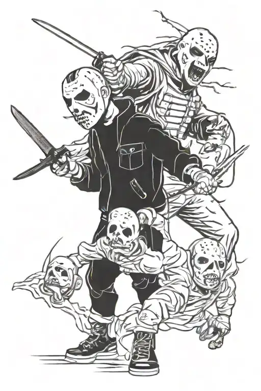 michael myers fighting jason voorhees and ghostface tattoo design idea