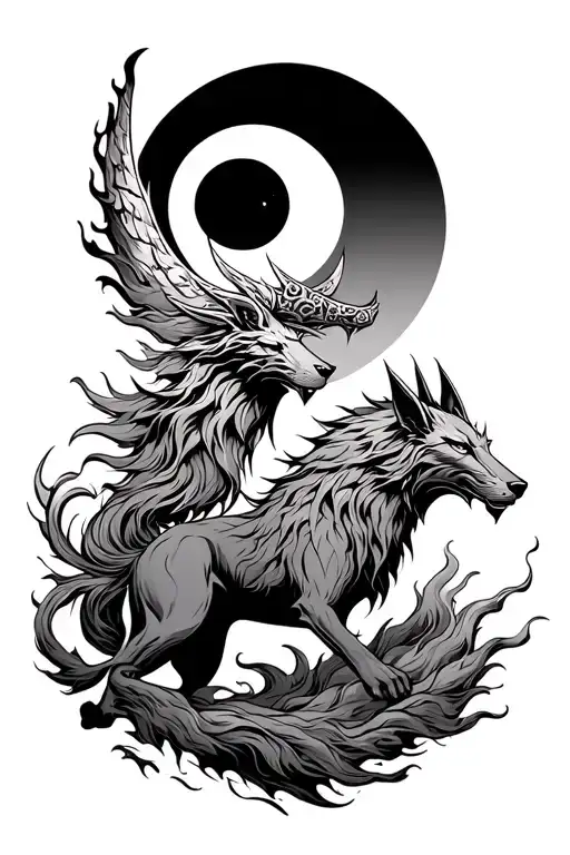 norse tribal skoll and hati chasing the sun and moon tattoo design idea