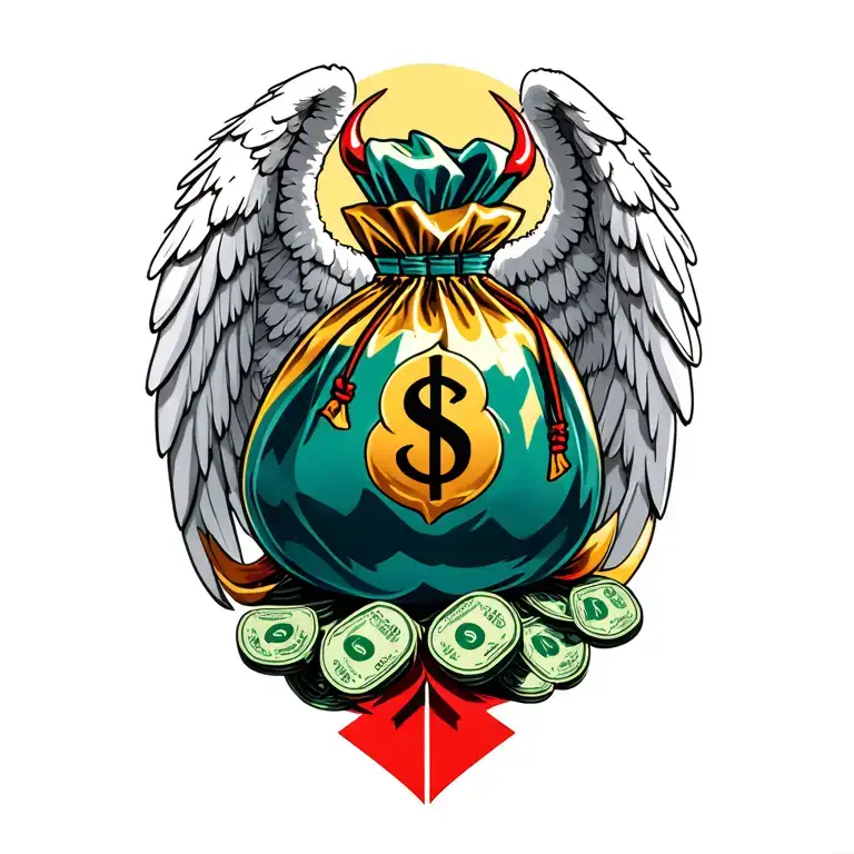 Design a tattoo about money bag, angel and devil wings tattoo design idea