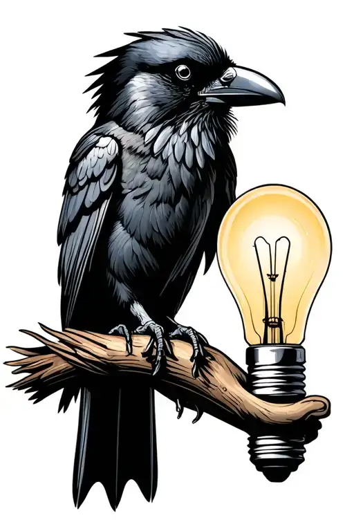 crow holding a light bulb tattoo design idea
