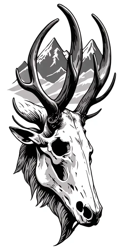 Irish Elk skull with mountains tattoo design idea