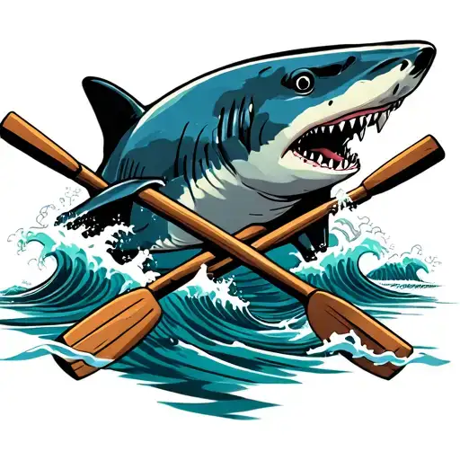 shark in front of crossed rowing oars with waves flowing tattoo design idea