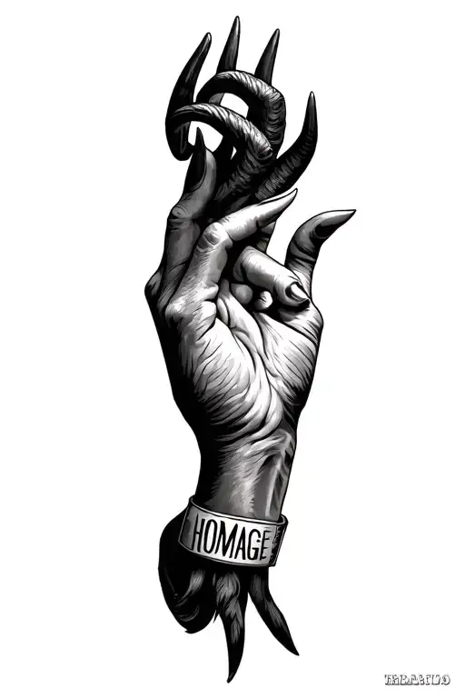the word "HOMAGE" distributed each letter on each finger of the hand, and some horns or goats on each little finger of the hand tattoo design idea