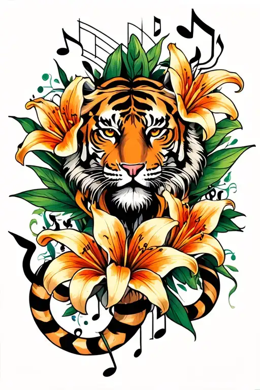 lord of the rings on thigh swirling up to hip with tiger lilies and music notes ending at the side of breast bone tattoo design idea