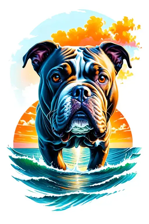 champagne American bully overlooking ocean Sunset tattoo design idea