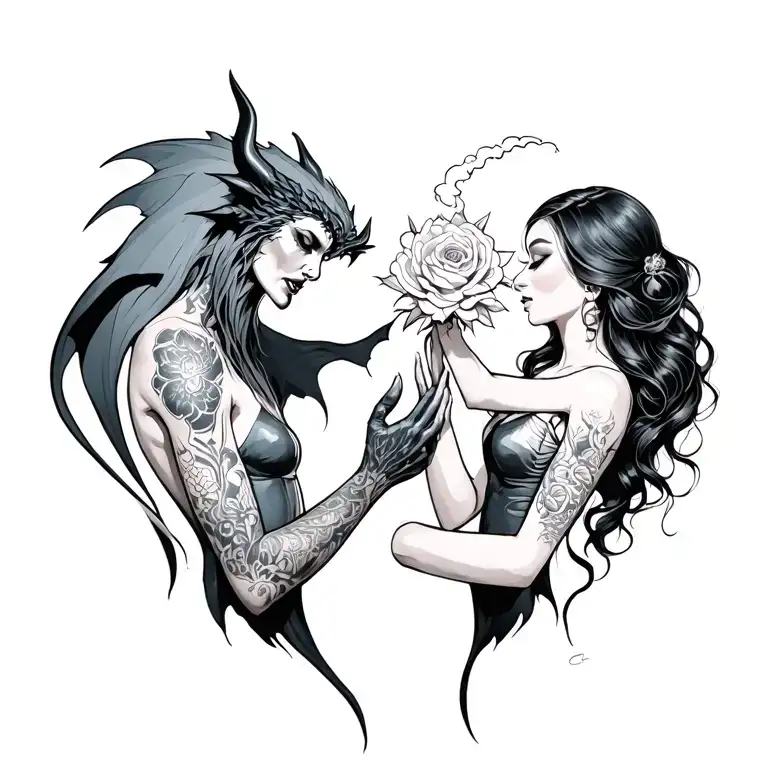 demon and girl holding tattoo design idea