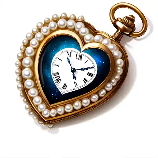 A heart-shaped pocket watch with a white pearl border, pointing to midnight. tattoo design idea
